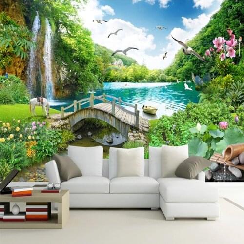 Custom 3D Photo Wallpaper Waterfall Bridge Nature Landscape Large Mural Living Room Sofa TV Background Wall Decals Self-adhesive
