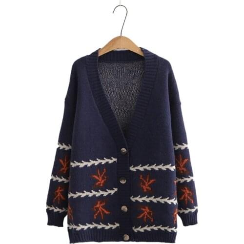 Maple Leaf Emroidery Knitted Cardigans For Women Autumn Winter Long Sleeve V-neck Single Breated Sweaters Casual Loose Tops