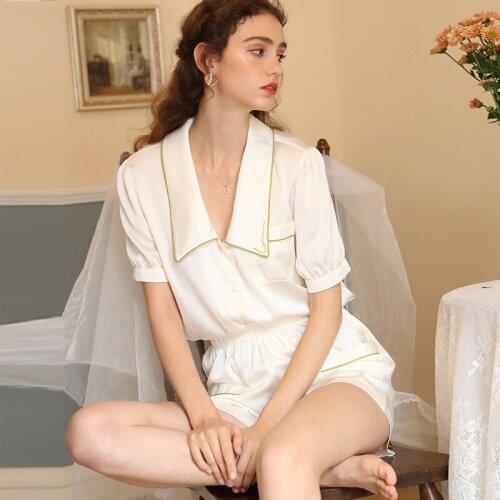 Women Summer Pajamas Short-sleeved Shorts Lounge Wear Thin Loose Two-piece Satin Sleepwear Solid Home Pyjamas Sexy Nightwear
