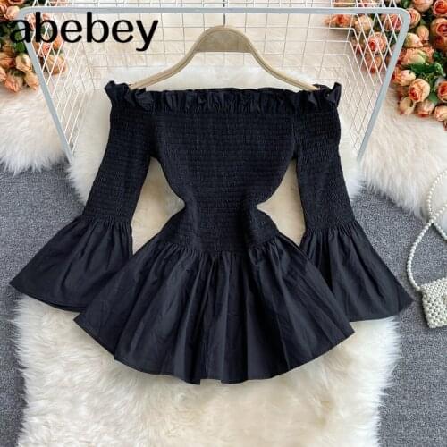 2021 New Spring Autumn Temperament slash neck flare sleeve Shirt Edible Tree Fungus edge high waist pleated solid Shirt Top