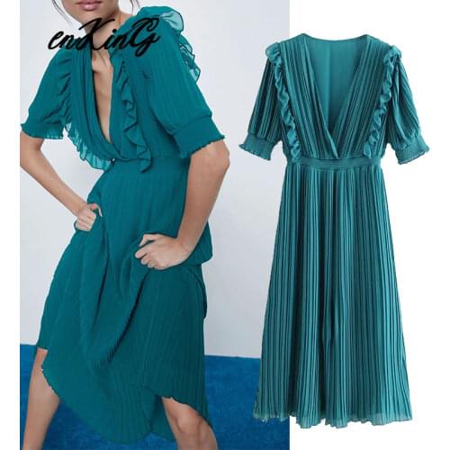 2020 england office lady pleated lelegnat cascading loose midi dress ZA women vestidos de fiesta de noche vestidos party dress