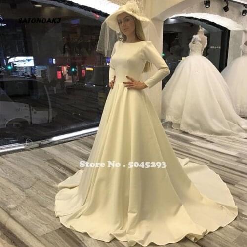 2020 New Simple Vintage Wedding Dress Long Sleeves White Ivory Satin Bridal Gowns A-Line Chapel Train Vestido De Novia Undefined