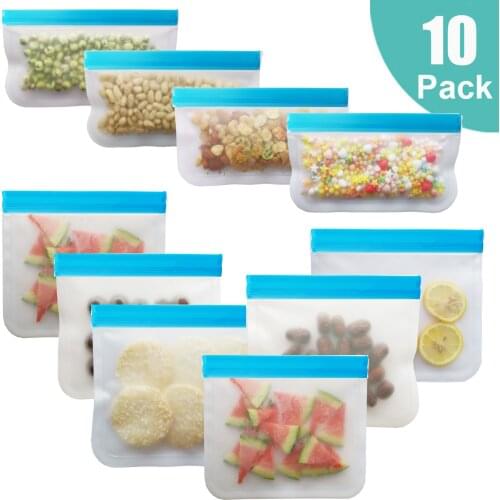 10Pcs/Set Blue Food Storage Bag Frosted PEVA Ziplock Pouch Reusable Food Fresh Bag Leakproof Kitchen Silicone Food Storage Bag