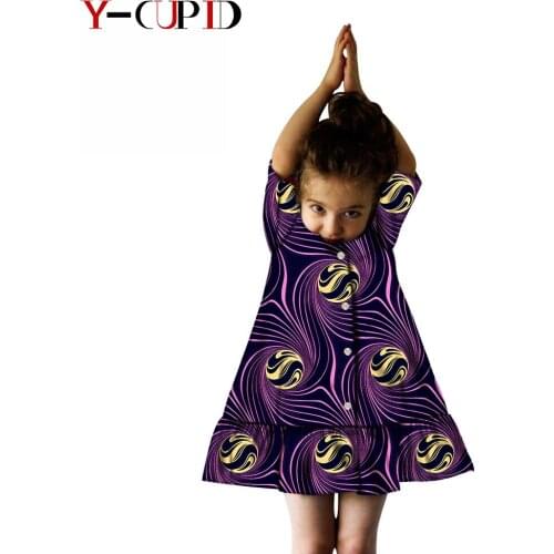 African Clothes for Kids Bazin Riche Girls Ankara Print Knee-length Loose A-line Dresses Cotton Half Sleeve Long Shirts S204023