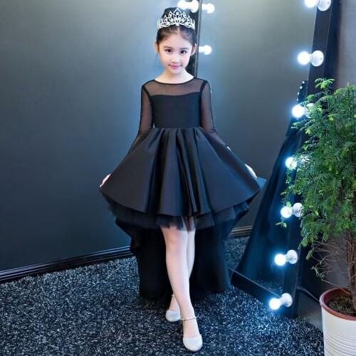 High Low Flower Girl Dress Black Long Sleeves Tulle Mother And Girl Dress Teens Formal Holy Communion Gown