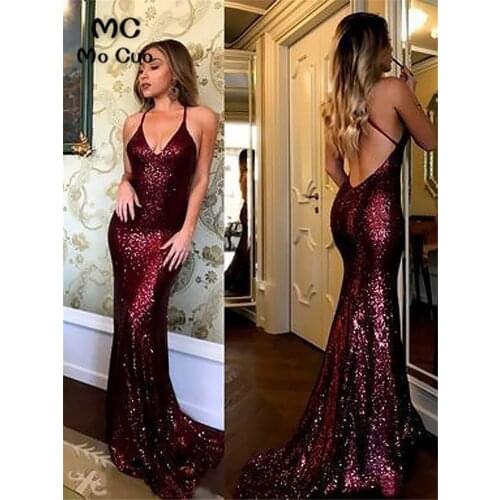 Sparkly 2020 Mermaid Evening Dress Sequins Prom Dresses Long vestido de festa V-Neck Spaghetti Straps Formal Evening Party Dress