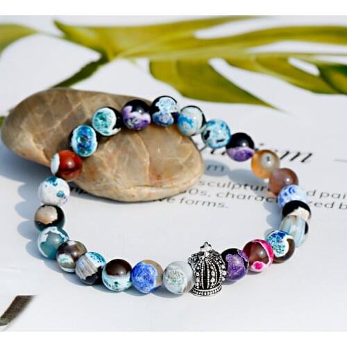 QIQUEI Blue Natural Tourmaline Stone Beaded Bracelets For Women Sliver Color Metal Crown Charms Bracelet Men Yoga Jewelry Gifts