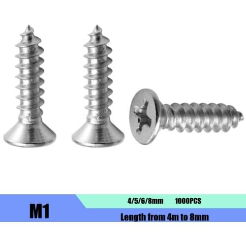 DasHex 1000PCS M1 4-8mm KA Hardened Nickel Plated Cross Countersunk Head Tapping Screw