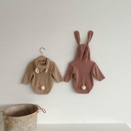 8612 Cartoon Baby Bodysuit Knitted Hooded Clothes Autumn Korean Cute Boys One Piece Clothes Newborn Toddler Girl Onesies Outfit