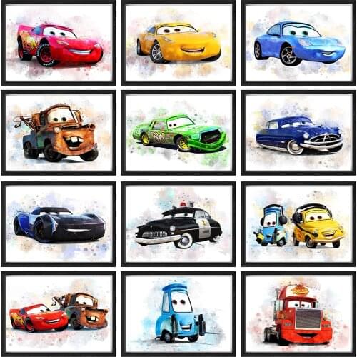 Disney Lightning McQueen Cars Watercolor Wall Art Posters and Prints Abstract Cars Paintings on the Wall Pictures For Kids Room