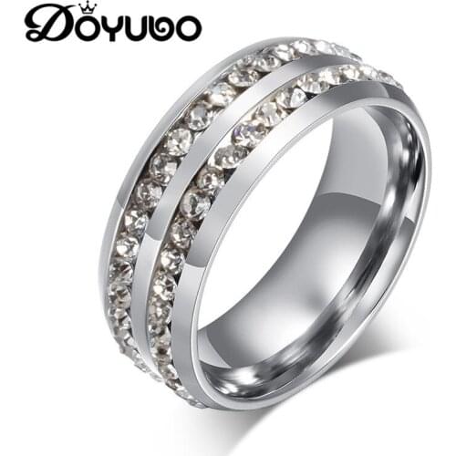 DOYUBO Classical Womens 316L Stainless Steel Rings For Party Punk Style Double Rows Cubic Zircon Party Rings Accessories DE004