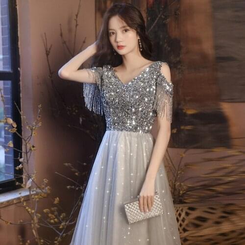 Elegant A-line Tulle Prom Party Dresses Women Sexy Exquisite Sequins Bling Tassel Formal Party Evening Gowns Vestido