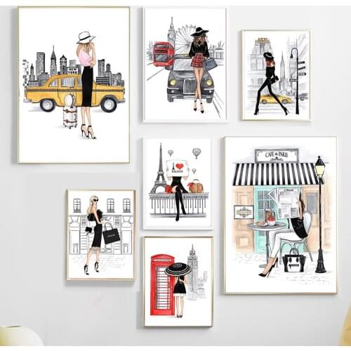 Urban Girl Taxi Paris Tower Quote Cartoon Nordic Posters And Prints Wall Art Canvas Painting Wall Pictures For Living Room Decor