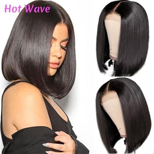 Hot Wave Short Bob Wigs Straight Front Natural Black Lace Front Human Hair Wigs Preplucked Baby Hair T Part Lace Frontal Wigs