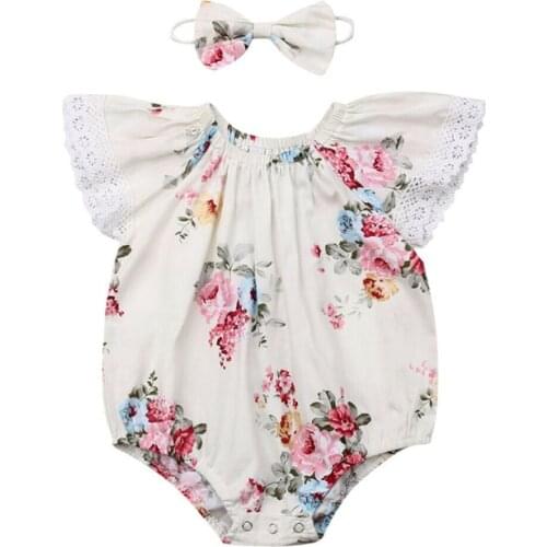 2019 Baby Girl Bodysuits Newborn Baby Girls Summer Jumpsuits Floral Headband 2PCS Clothes Sets Cotton O-neck Summer New