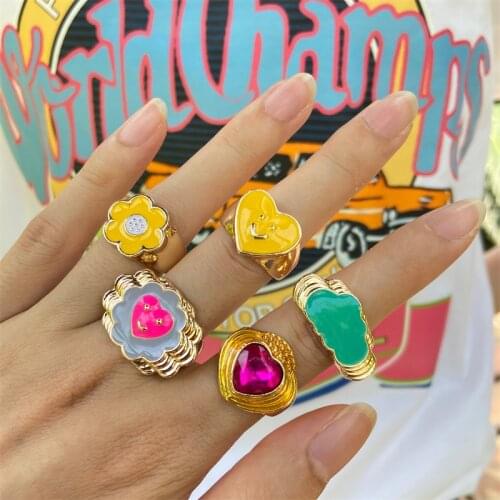 Korean Fashion Smile Ring Enamel Thick Ring Size For Women Luxury Fine Lucky Jewelry Heart Clouds Rings For Women Gift
