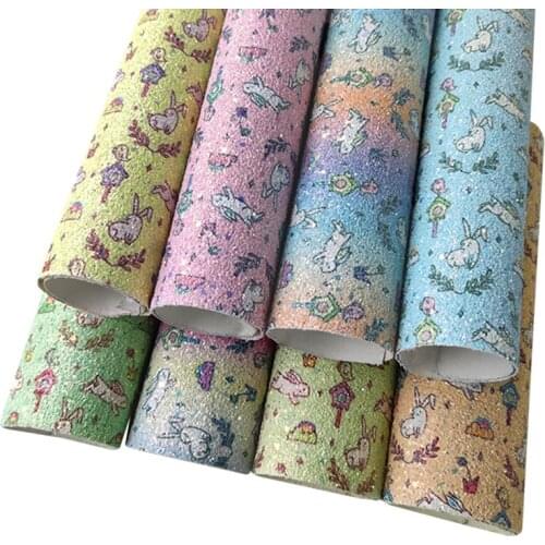 135x30cm Rabbit Pattern Printed Colorful Cute Christmas Chunky Glitter Leather Fabric Sheet for Making Hair Bow/Craft/Decoration