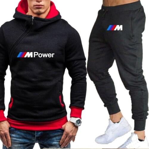 Fashion Spring Autumn Brand Bmw Power M car logo Printing high quality Cotton Mens sweatshirt + sweatpants Two-piece