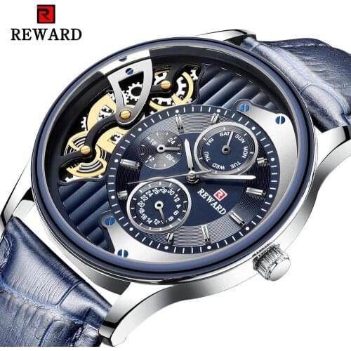REWARD Dark Blue Quartz Skeleton Watches for Men 3 Sub Dial Week Display Leather Band Transparent Stylish Business Watches