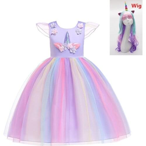 Flower Girls cosplay Unicorn Dress Childrens day Princess Girl Birthday Party Dress Children Kids Halloween Unicorn Costume Wig