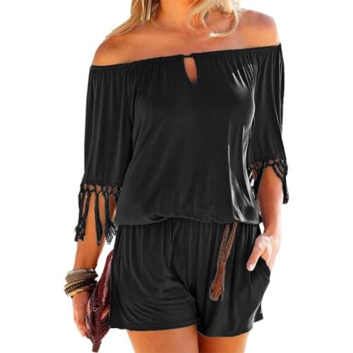 Casual Women Summer Playsuits Sexy Slash Neck Tassel Beach Jumpsuits Shorts Overalls Boho Girls Pockets Rompers XXL GV923