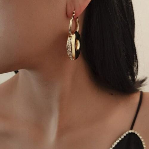 TIMEONLY Temperament Gold Color Metal Lock Pendant Earrings for Women Femme Rhinestone Circle Hanging Drop Earrings Brincos