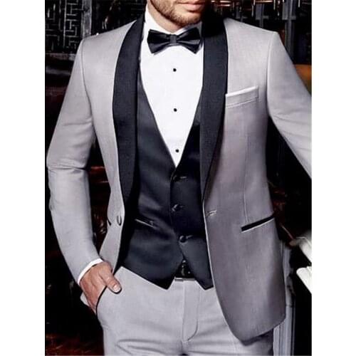 Groomsmen Light Grey Groom Tuxedos Shawl Black Satin Lapel Men Suits Wedding Best Man 3 Pieces ( Jacket+Pants+Vest+Tie ) C822