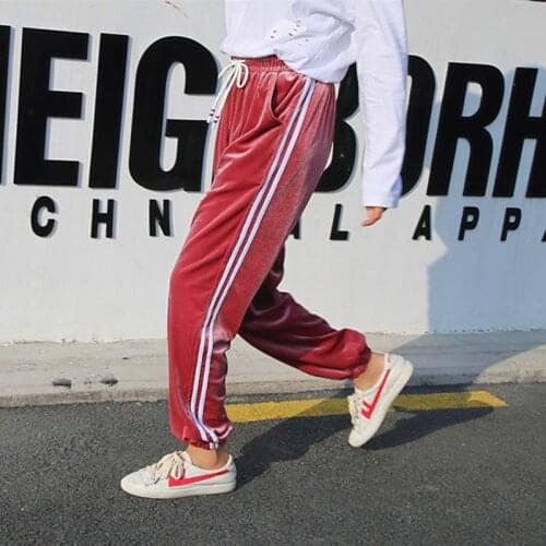 Sweatpants Women Pants 2018 Casual Baggy Pink Side Striped Velvet Autumn Joggers High Waist Lady Trousers Pantalone Femme