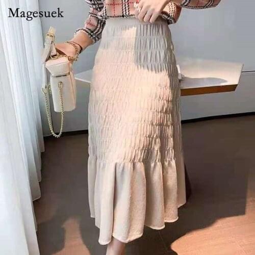 Vintage Solid Cotton Pleated Skirt 2021 Autumn Winter High Waist Knitted Skirt Fashionable A-type Office Lady Midi Skirt 17133