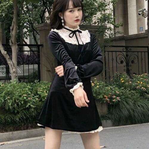 Victorian Vintage Gothic Lolita Dress Girls Japanese Lace Patchwork Lace-up Stand Collar Velvet Mini Dress Women Punk Dresses
