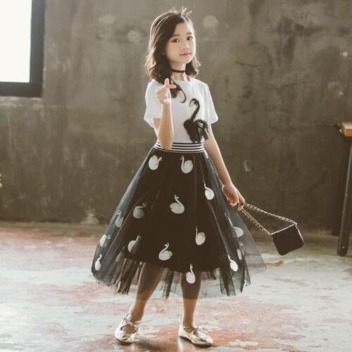 Swan Embroidery Princess Girls Skirt Sets 10 to 12 years 2 pcs White Tops +Black Mesh Skirt Teen Girls Outfit