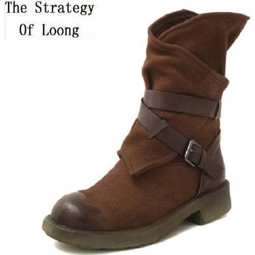 Spring Autumn Retro Women Genuine Leather Metal Buckle Rivet Mid Equestrian Boots Winter Lady Mid-Calf Motorcycle Boots 191116