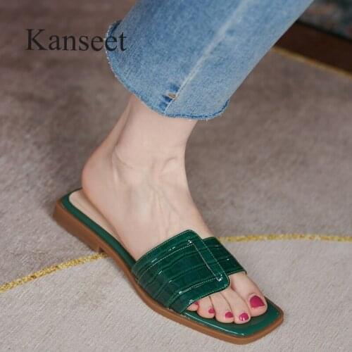 Kanseet Women Shoes 2021 Summer Genuine Leather Slippers Square Toe Casual Comfort Low Heels Green Beige Basic Female Footwear