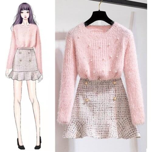 New Autumn Winter Two Piece Set Tracksuit Women Elegant Beading Knitted Sweater+High Waist Tweed Mermaid Skirt Ladies Outfits