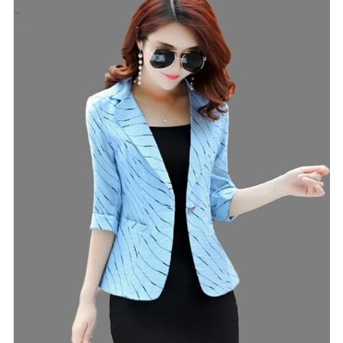 2021 Fashion Spring Summer New Ol Ladies Blazer Stripe Suit Jacket Women Blazer Fashion Notched Pockets Single Button Slim Blue