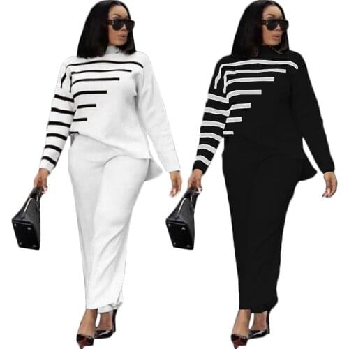 Autumn Striped Office Two Piece Set Women Half High Collar Long Sleeve T-Shirt Top Wide Leg Pants Casual Outfit Streetwear