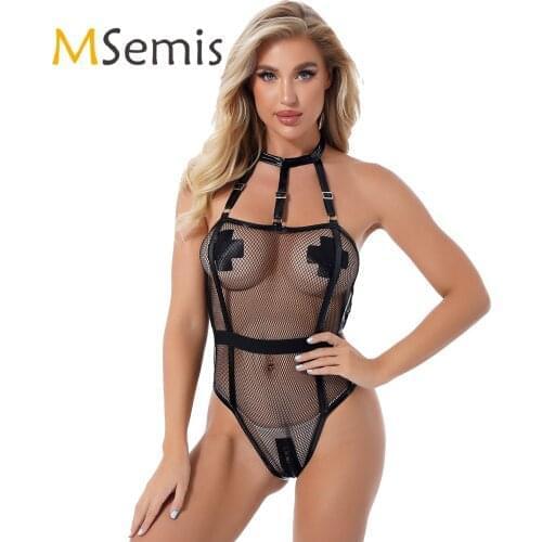 Womens Erotic See-through Fishnet Bodysuit Lingerie Hollow Out Sexy Clothing Halter Neck Zipper Back Leotard Nightclub Costume