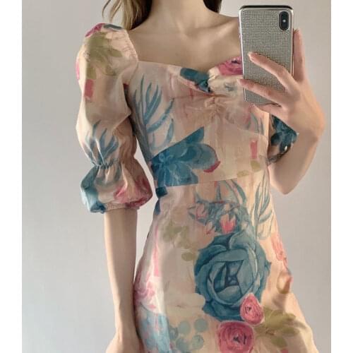 Dresses for Women Painting Flower Square-Cut Collar Puff Sleeve Dress Female Printed Dress Female Vestido De Mujer Femme Robe