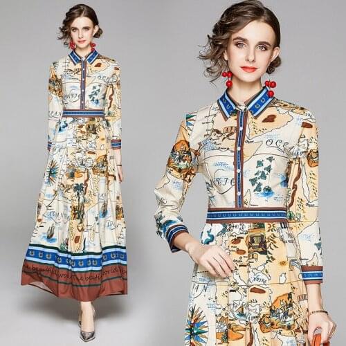 2020 New Autumn Design Floral Letter Print Runway Women Dress Fall Womans Maxi Dresses Tunic Slim Waist Vintage Party Dresses
