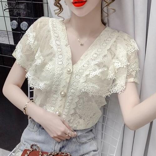 2021 Summer New Short Sleeve V-neck Blouse Sweet Lace Ruffle Stitching Women Tops Crochet Mesh New Chiffon Shirt Blusas 14174