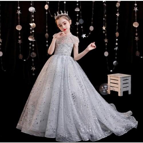HIgh-End Children Sequines Beading Princess Evening Gown Kids Catwalk Wedding Birthday Party Beautiful Dress For Girl L894