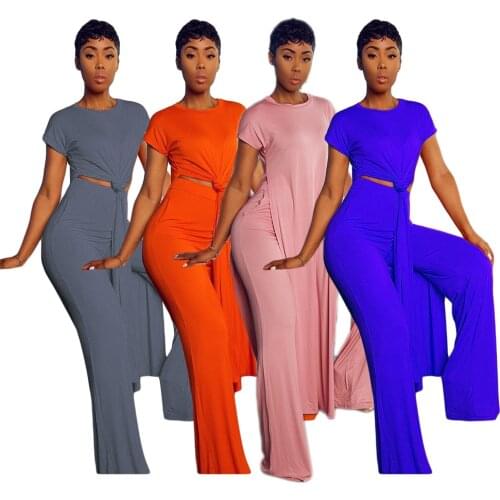 DPSDE 2020 summer fashion new girl style sets short sleeve round long top elastic long pants pure color two piece sets