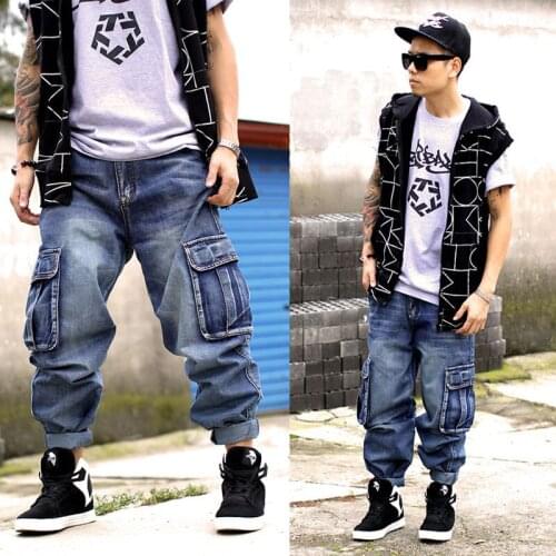 Multi-pocket jeans Mens Loose tide brand Large size Wide Leg pants Korean version of Hip-Hop Straight Tooling Skateboard Jeans