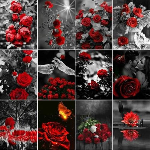 HUACAN 5D Diamond Painting Rose Flower Diamond Embroidery Black And White Mosaic Picture Of Rhinestone Home Decoration Gift