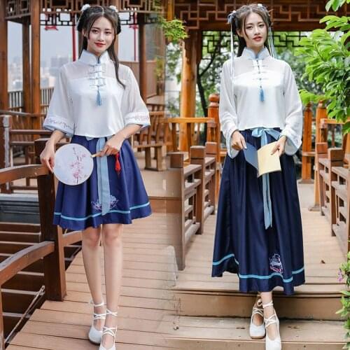 Chinese Style Clothing Women Fairy Cosplay Costume Two Piece Set Tops and Skirt Student Class Outfit Girl Improved Hanfu Party