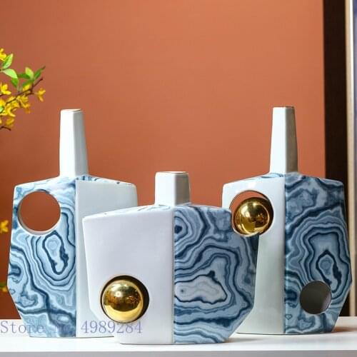 Creative Ceramic Vase Marbling Abstract Hollow Golden Ball Flower Arrangement Accessories Flower Vase Modern Home Decoration