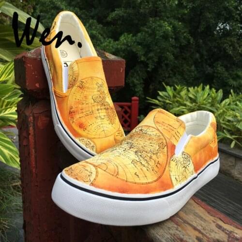 Wen Design Vintage Style The World Map Depicting Entire Earths Surface Hand Painted Slip On Shoes Yellow Canvas Unisex Sneakers