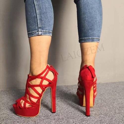 LAIGZEM SEXY Women Platform Sandals Strippy Open Toe High Heels Back Zip Sandalia Shoes Party Ladies Woman Large Size 34-47