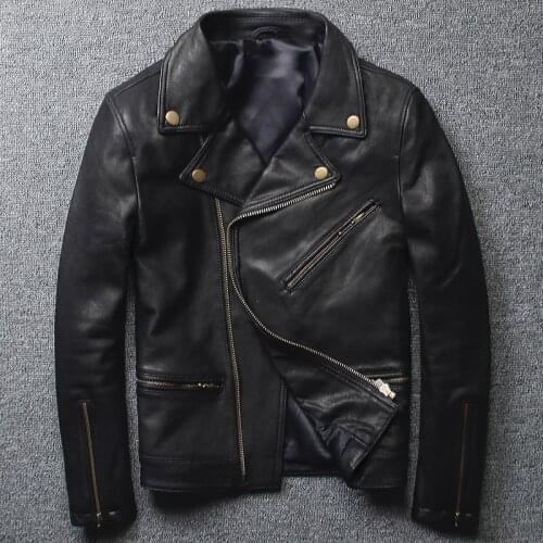 Genuine Men Real Sheepskin Motorcycle Biker Leather Jacket Casual Slim Male Black Autumn Winter Brand Outerwear