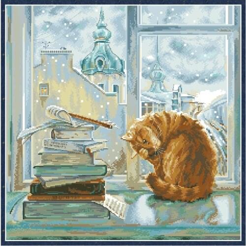 Early Winter Morning Counted Cross Stitch Kits Cats Patterns Printed Canvas Embroidery Package 11CT 14CT DIY Needlework Painting
